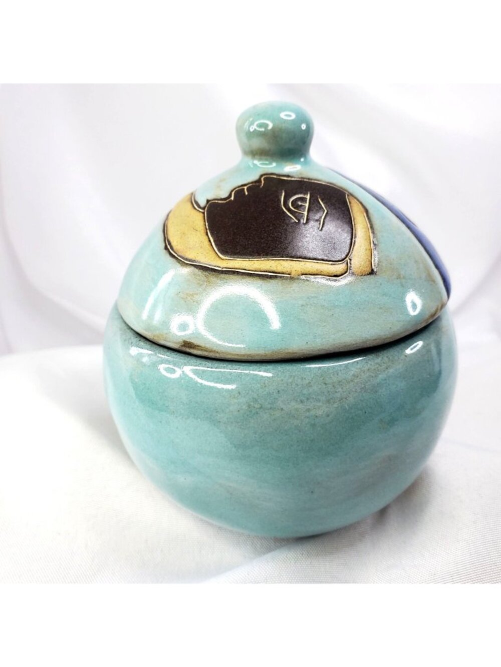 Mara Signed Mex Lidded Sugar Bowl Two Faces Abstract Stoneware Pottery Mexico - Picture 6 of 15